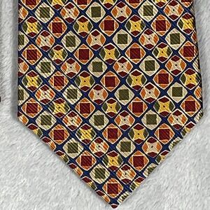 Hickey Freeman Collection Mens Silk Tie Geometric Diamond Italy Gold Green Red